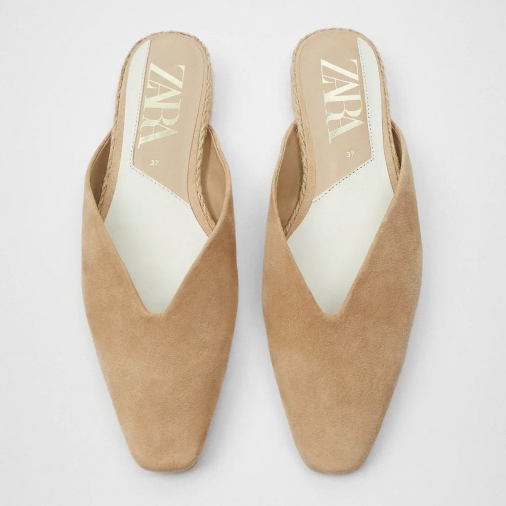 NEW ZARA JUTE SOLE FLAT SUEDE MULES REAL Leather 6